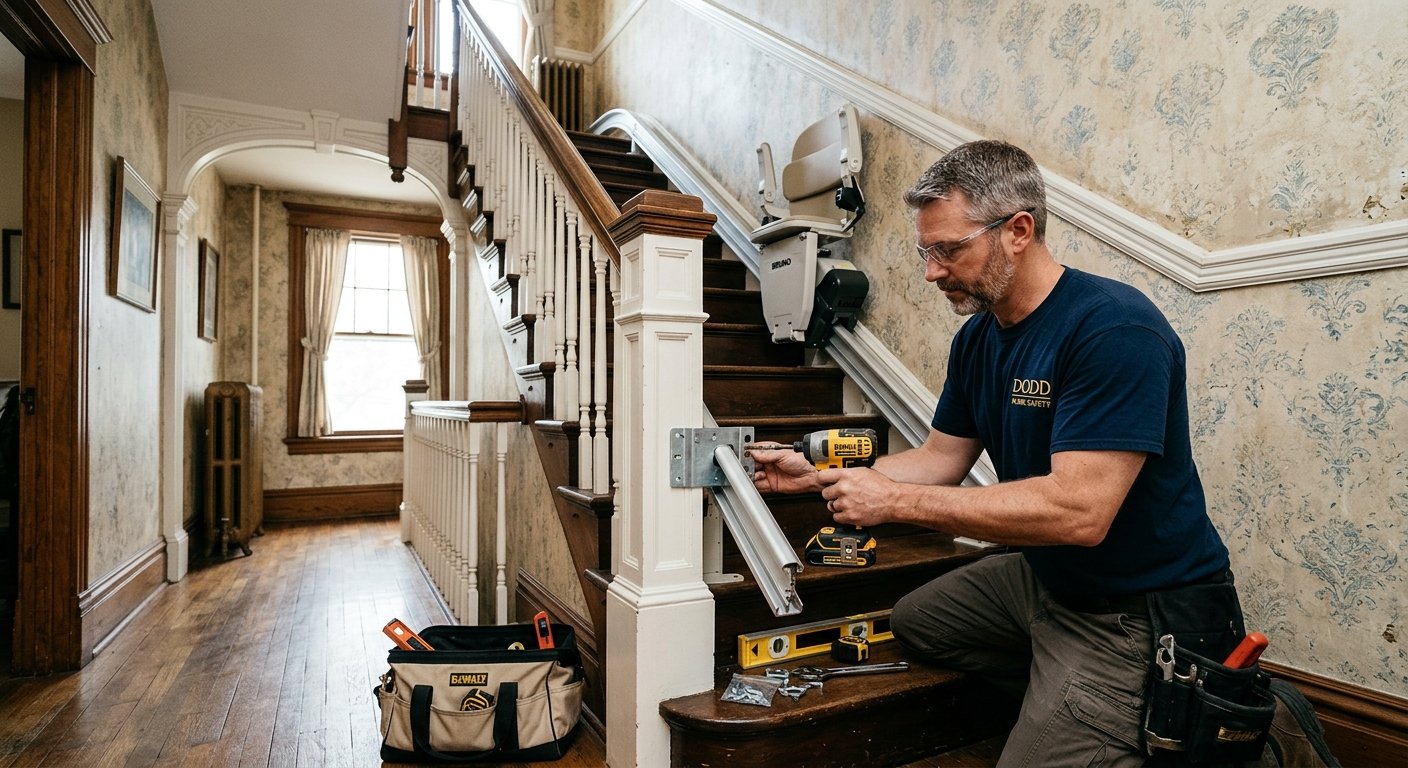 Licensed contractor installing a stair lift in a Kimberly WI home for Dodd Home Safety aging in place specialist