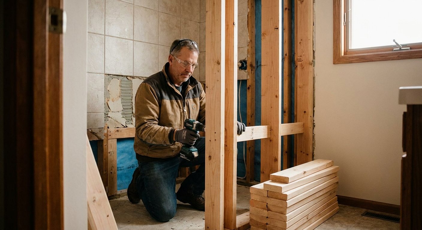 Licensed contractor installing structural wall backing for shower seat in Kimberly, WI bathroom to meet Outagamie County building codes