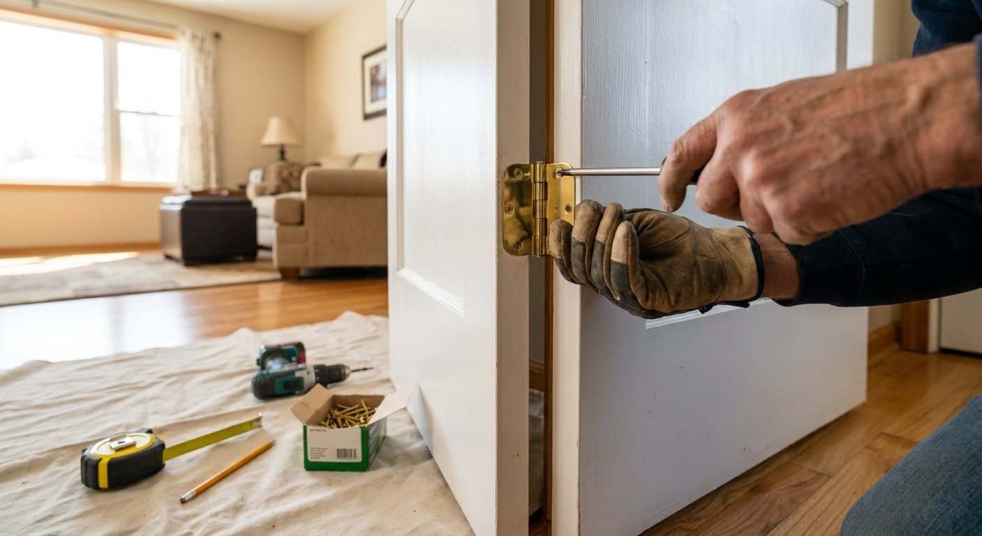 Licensed contractor installing swing clear offset hinge on a door frame in Kimberly, WI