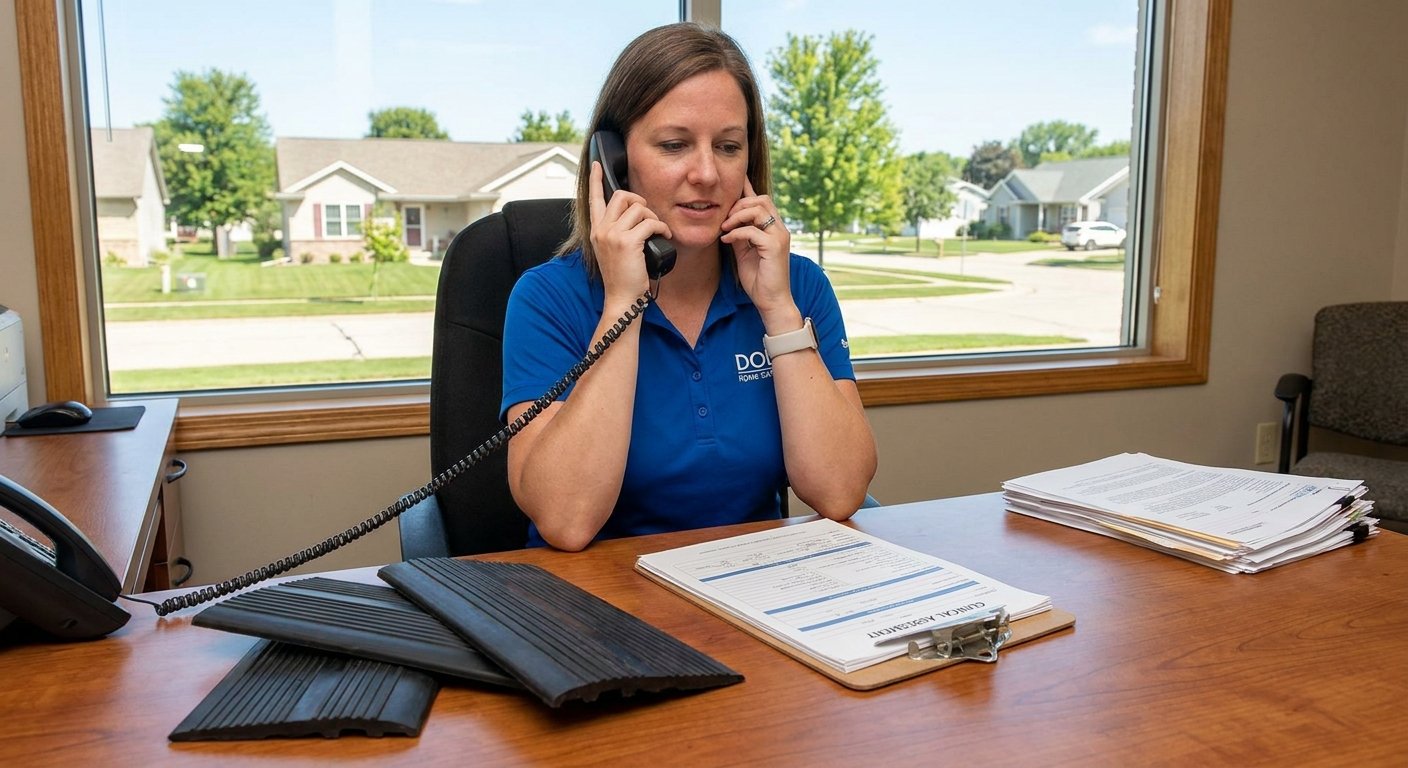 Dodd Home Safety team member providing phone consultation about threshold ramp installation near Kimberly WI