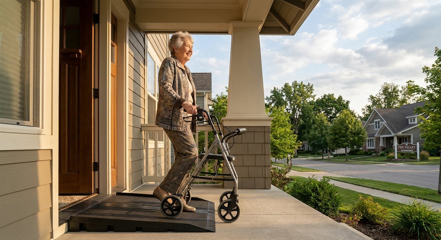 Senior woman using rollator walker on threshold ramp at Kimberly WI home