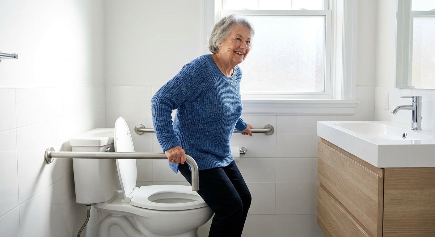 Senior woman using grab bar to safely stand from ADA compliant high rise toilet in Kimberly WI home