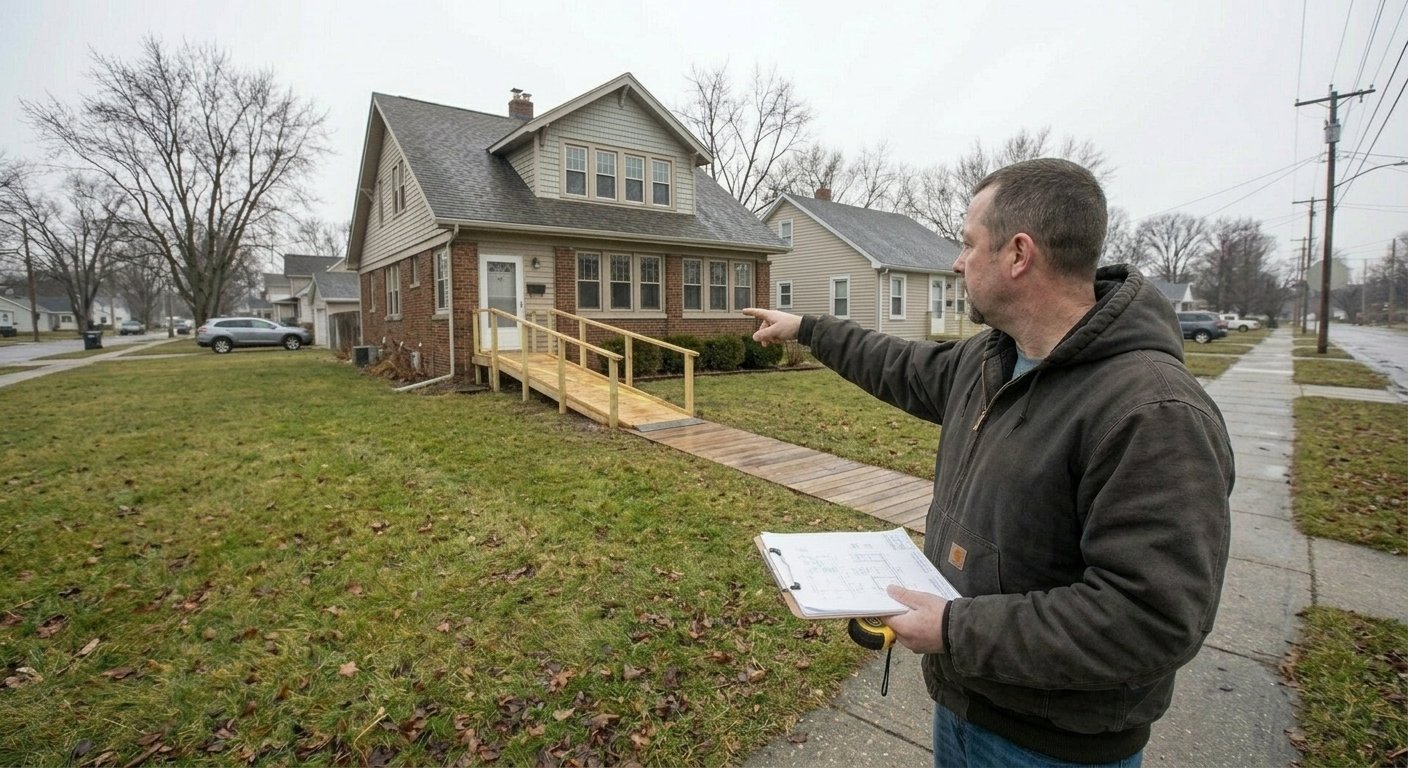 Licensed contractor reviewing building permit drawings for veteran home modification project in Kimberly, WI