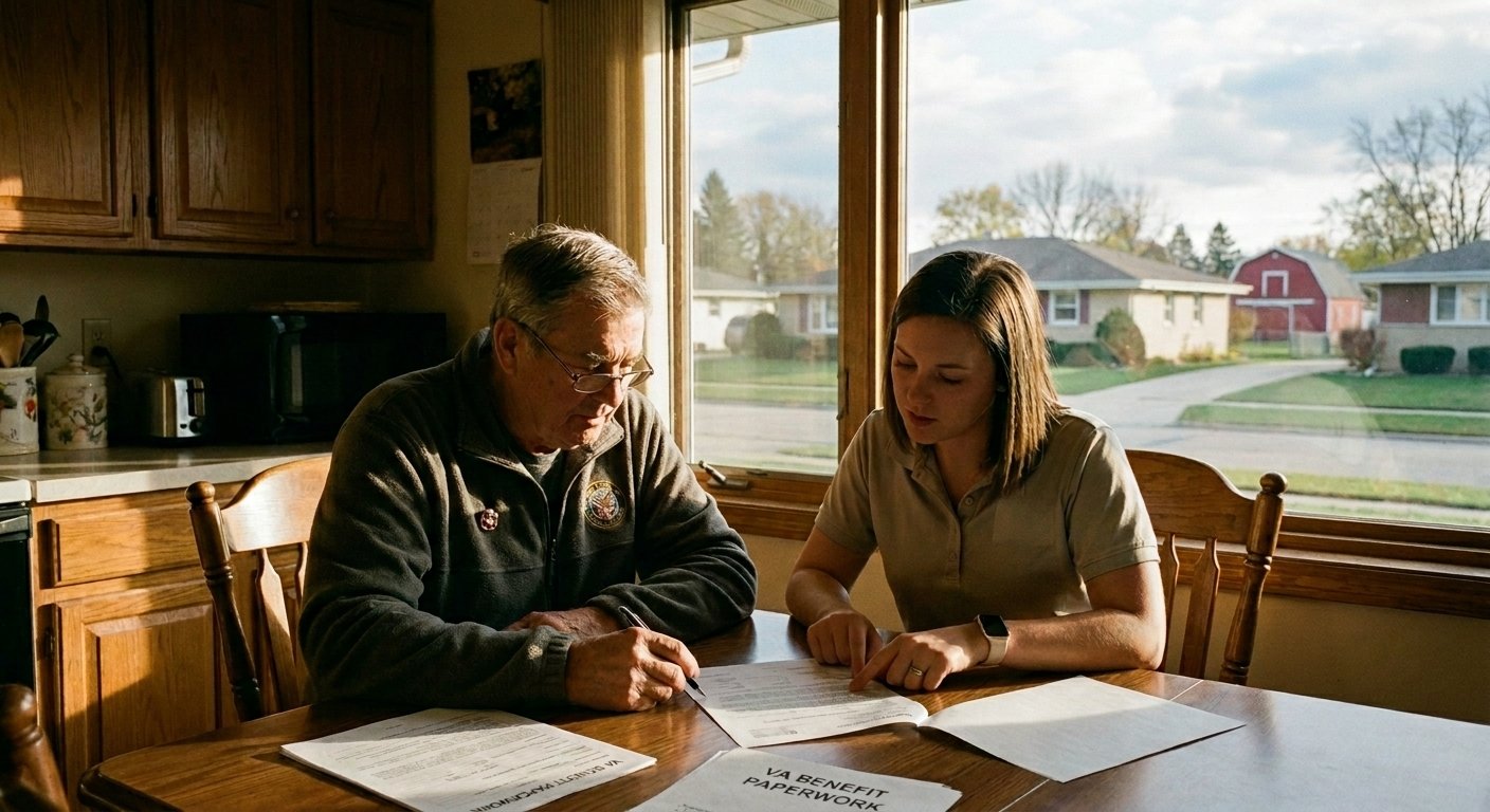 Veteran reviewing VA benefit documentation with a VA approved home contractor in Kimberly, WI