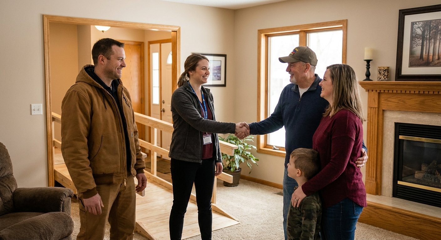 Dodd Home Safety team meeting with a veteran and his family in Kimberly, WI after completing home safety modifications
