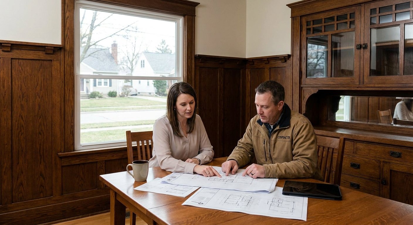 Licensed therapist and contractor reviewing veteran home modification plans in a Kimberly, WI home