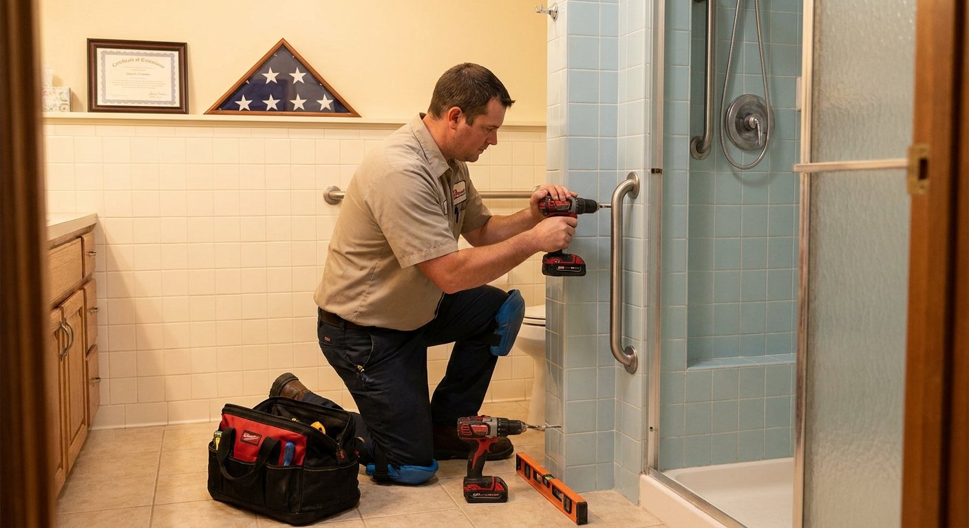 Dodd Home Safety contractor installing grab bars in a veteran's accessible bathroom in Kimberly, WI