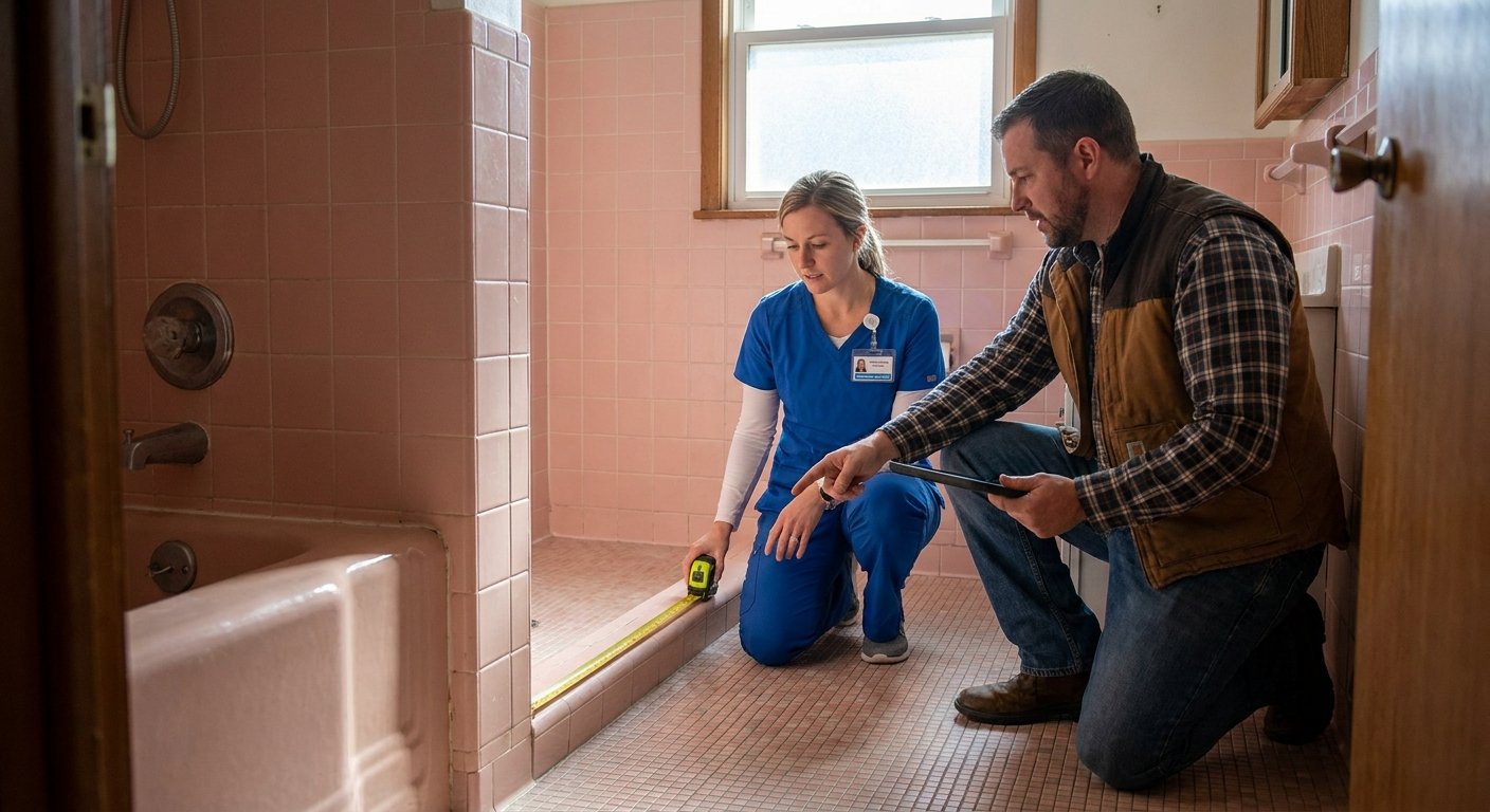 Licensed therapist and contractor conducting a veteran home safety assessment in a Kimberly, WI ranch home bathroom