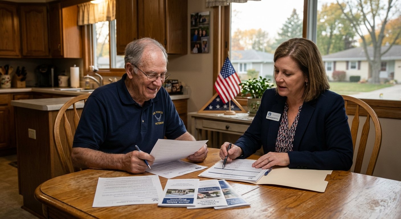 Veteran homeowner in Kimberly, WI reviewing VA home safety funding paperwork with Dodd Home Safety representative