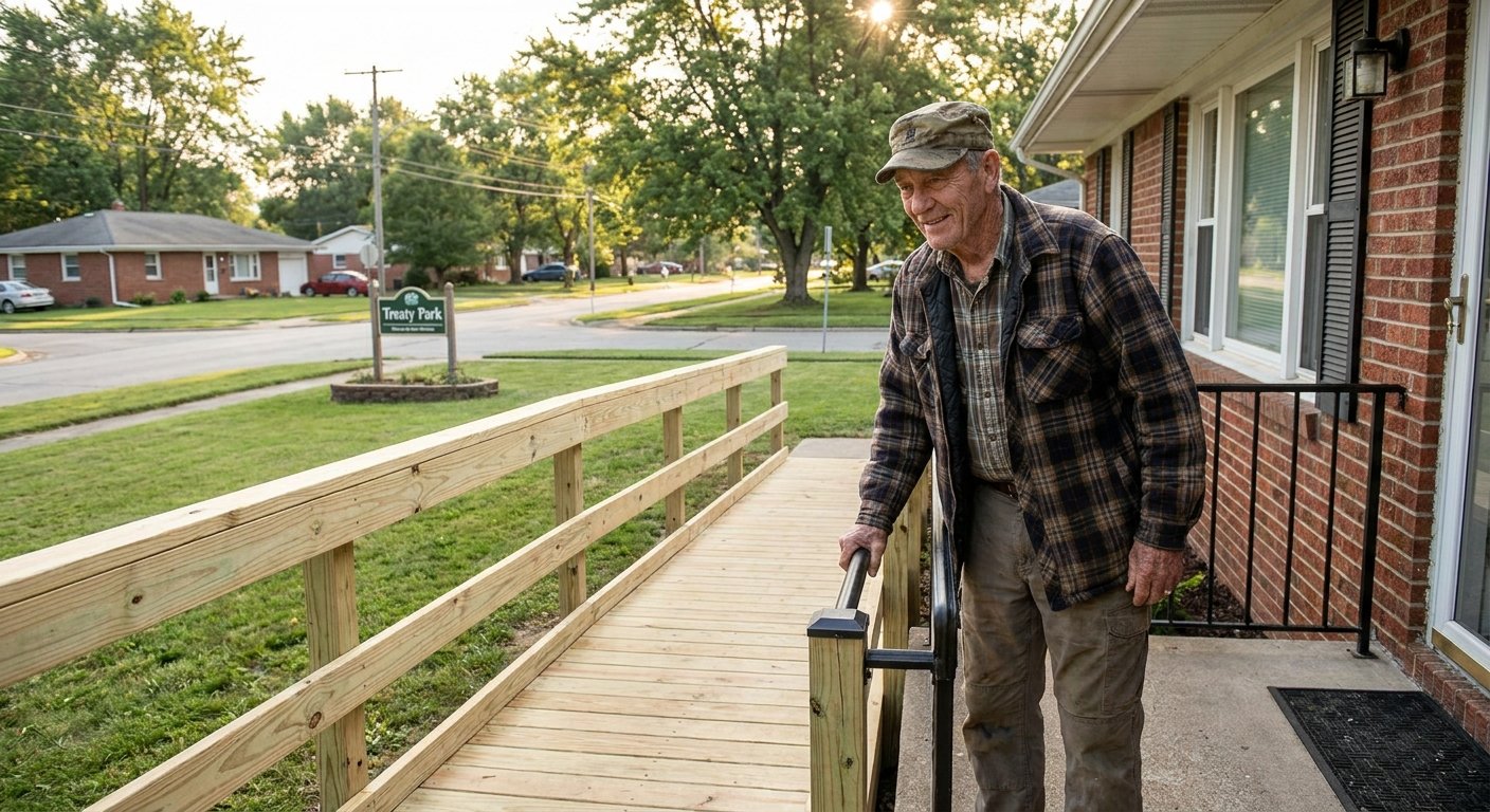Veteran using new accessibility ramp with handrail installed through VA home safety funding program in Kimberly WI
