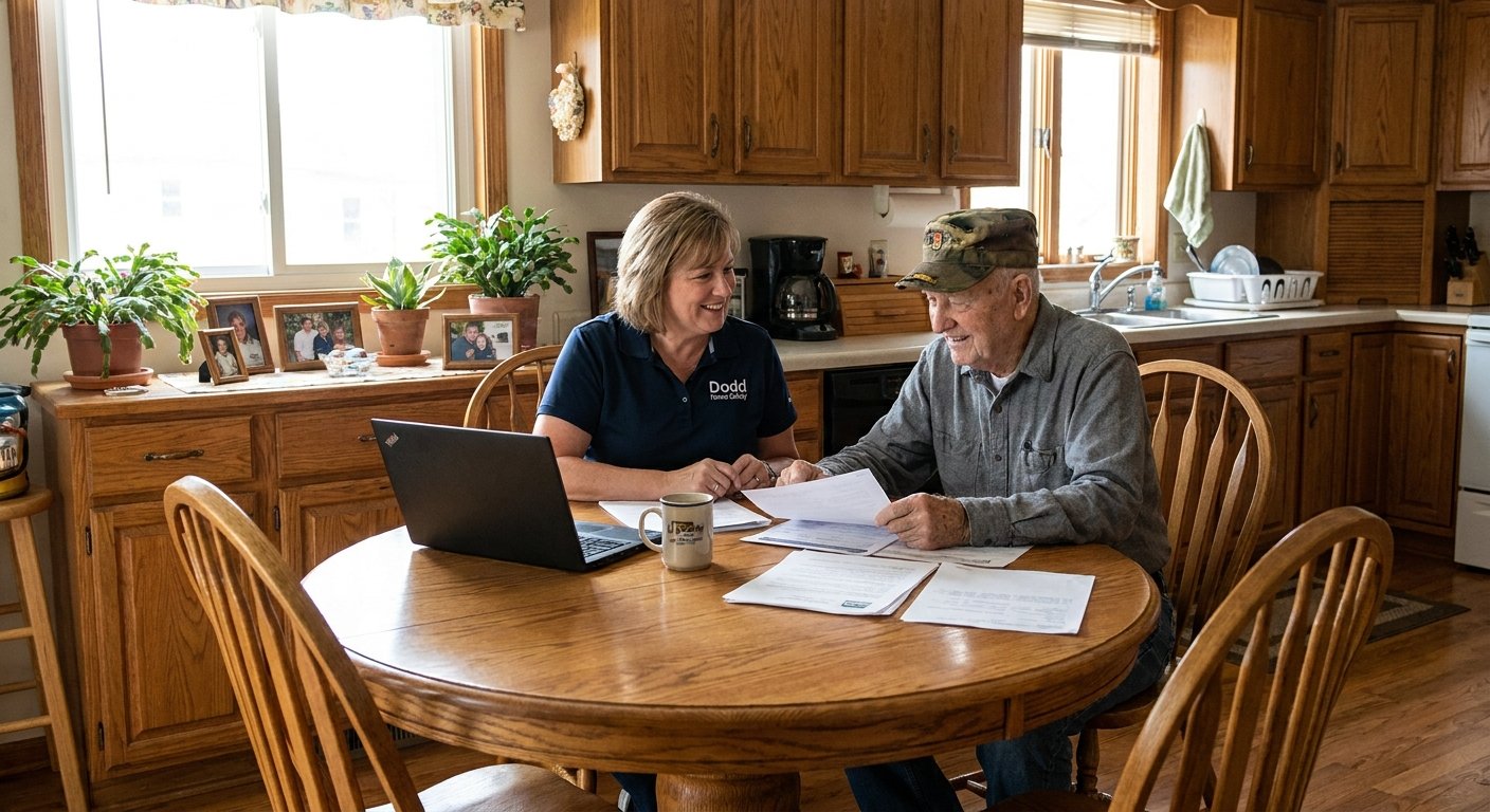 Dodd Home Safety team member helping a Kimberly, WI veteran access VA home safety funding for wheelchair ramp installation