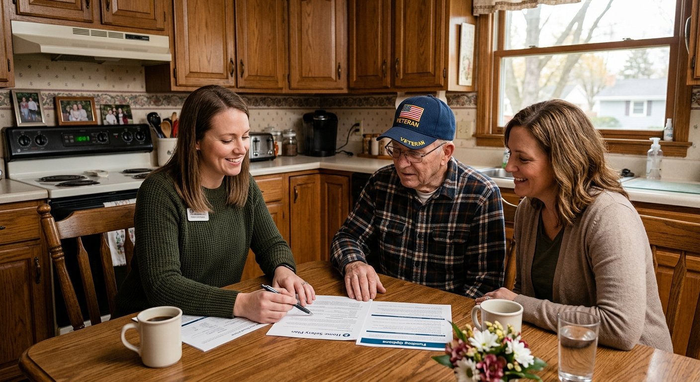 Dodd Home Safety professional discussing veteran home safety funding options with a Kimberly, WI senior veteran and their family at a kitchen table