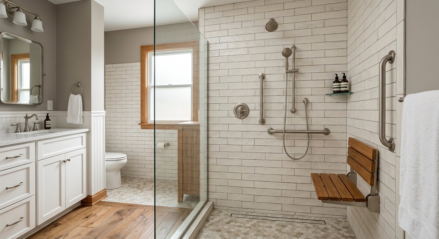 Zero-threshold walk-in shower conversion with grab bars and fold-down seat in Kimberly, WI