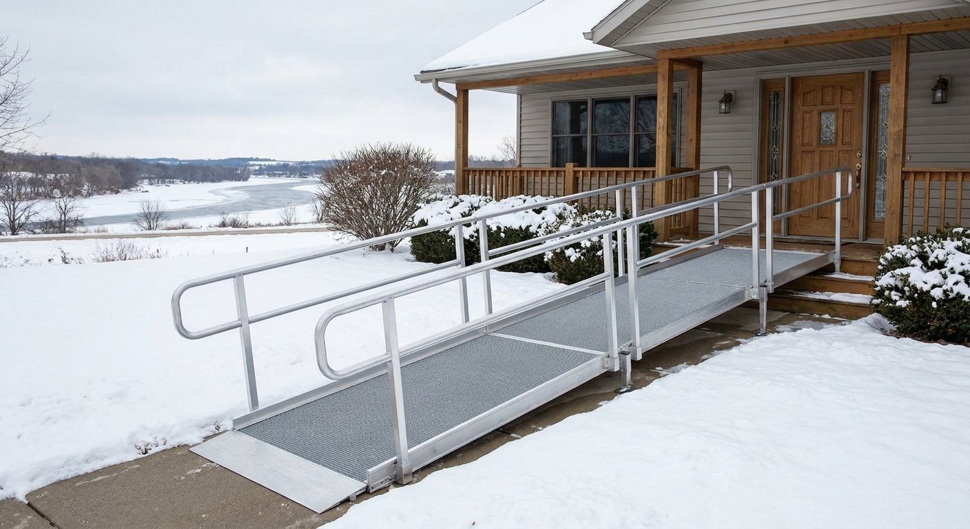 Weatherized slip-resistant wheelchair ramp with secure handrails at a veteran's home in Kimberly, WI during winter