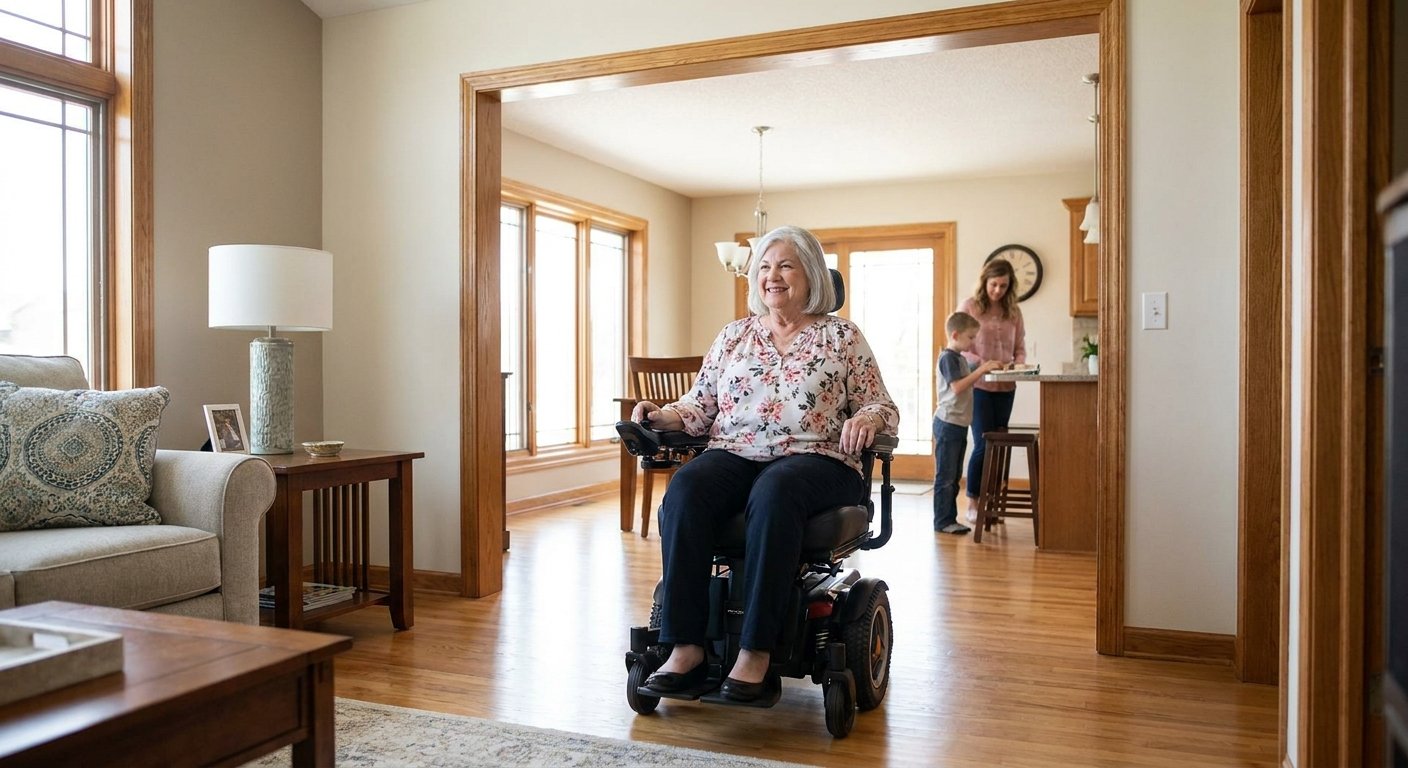 Senior woman in wheelchair moving through a wider doorway after offset hinge installation in Kimberly, WI