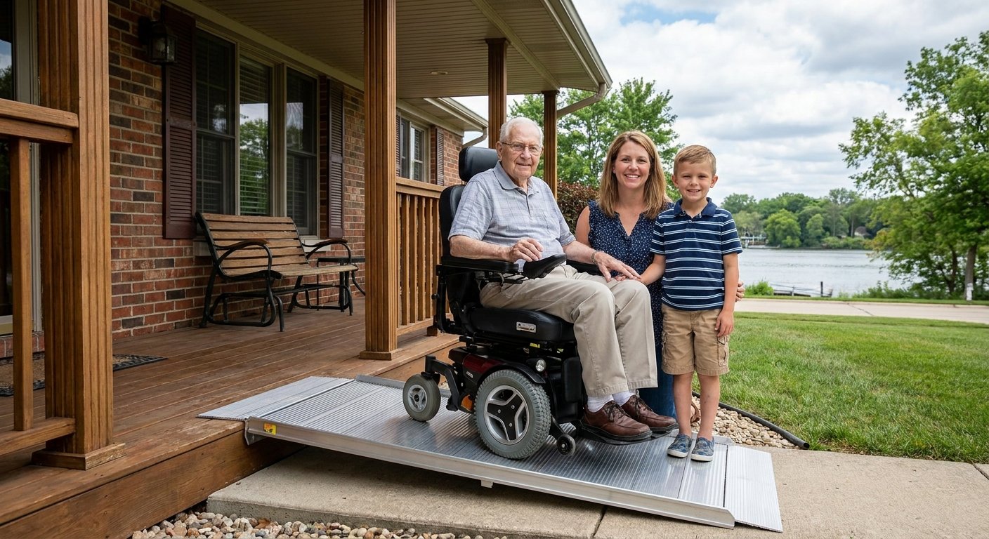 Multigenerational family near threshold ramp at Kimberly WI home, senior in wheelchair with adult and grandchild