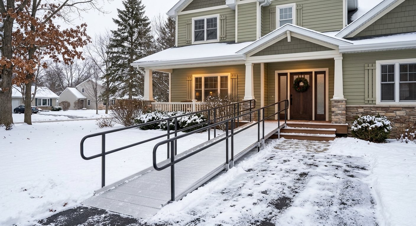 Slip-resistant exterior accessibility ramp with weather-resistant handrails installed at Kimberly, WI home in winter