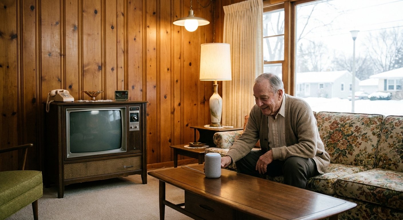 Senior using voice-activated smart home controls for aging in place technology in Kimberly WI