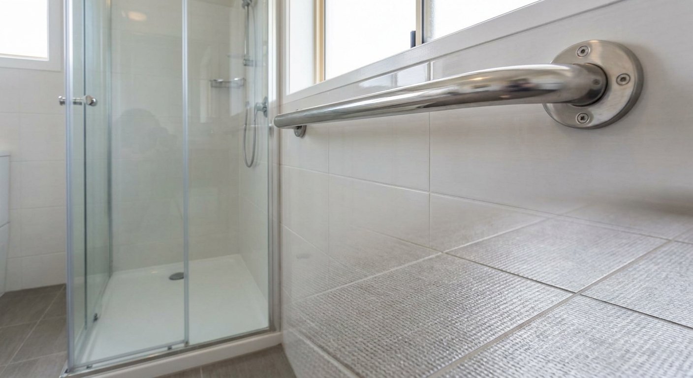 Professionally installed grab bar next to a walk-in shower in a Kimberly WI senior home