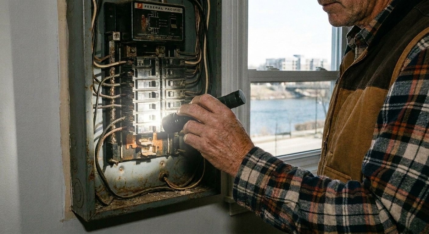 Contractor inspecting older electrical panel before smart home installation in Kimberly WI