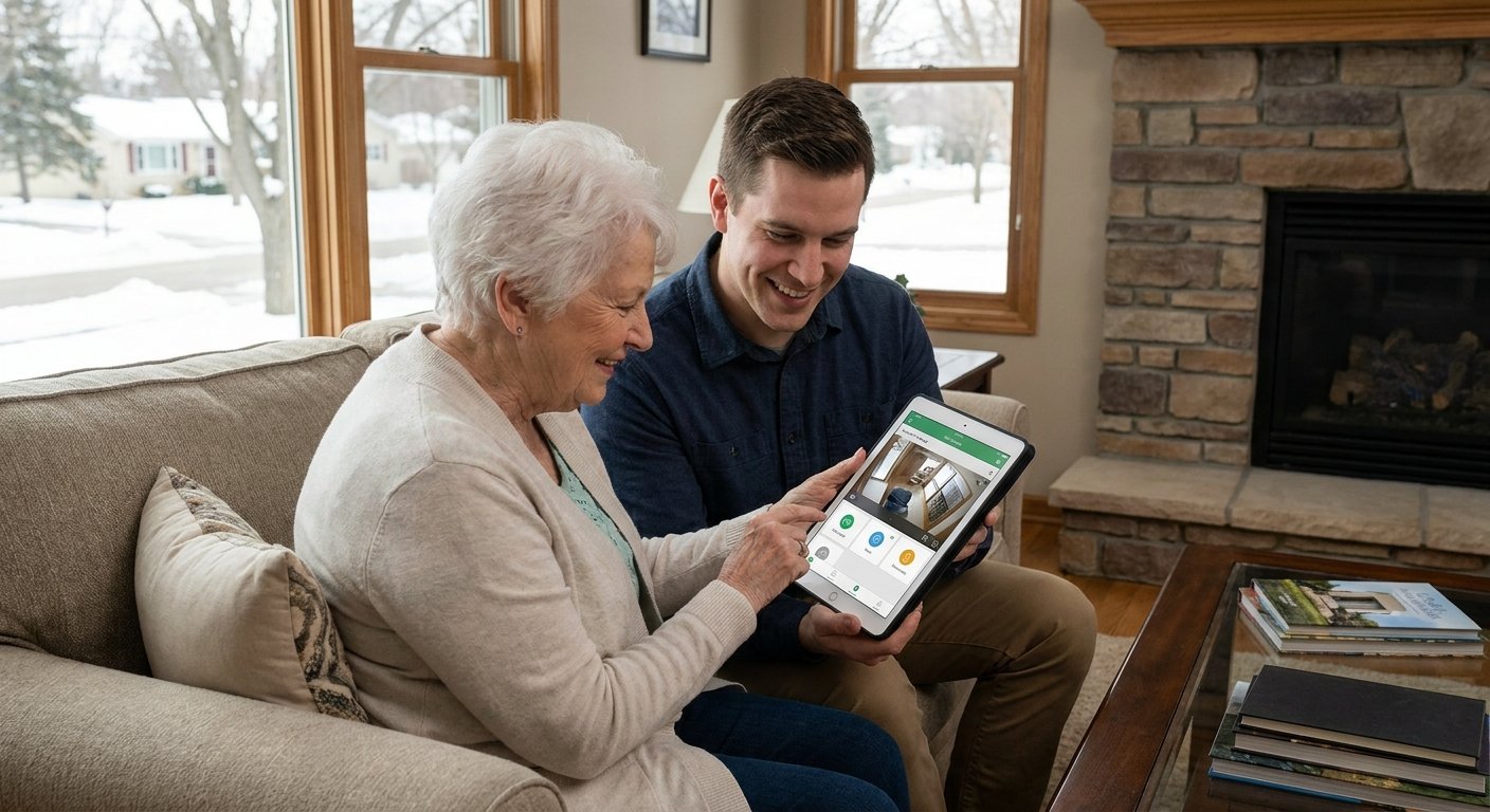 Family training on smart home monitoring app during smart home safety integration in Kimberly WI